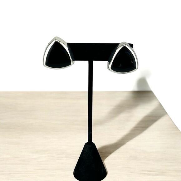 Taxco Jewelry - Taxco Mexican Modernist Sterling Earrings Black Onyx Clip On 1"Long Vintage